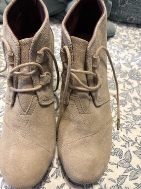 Toms Beige Suede Lace-Up Ankle Booties with wedge heel